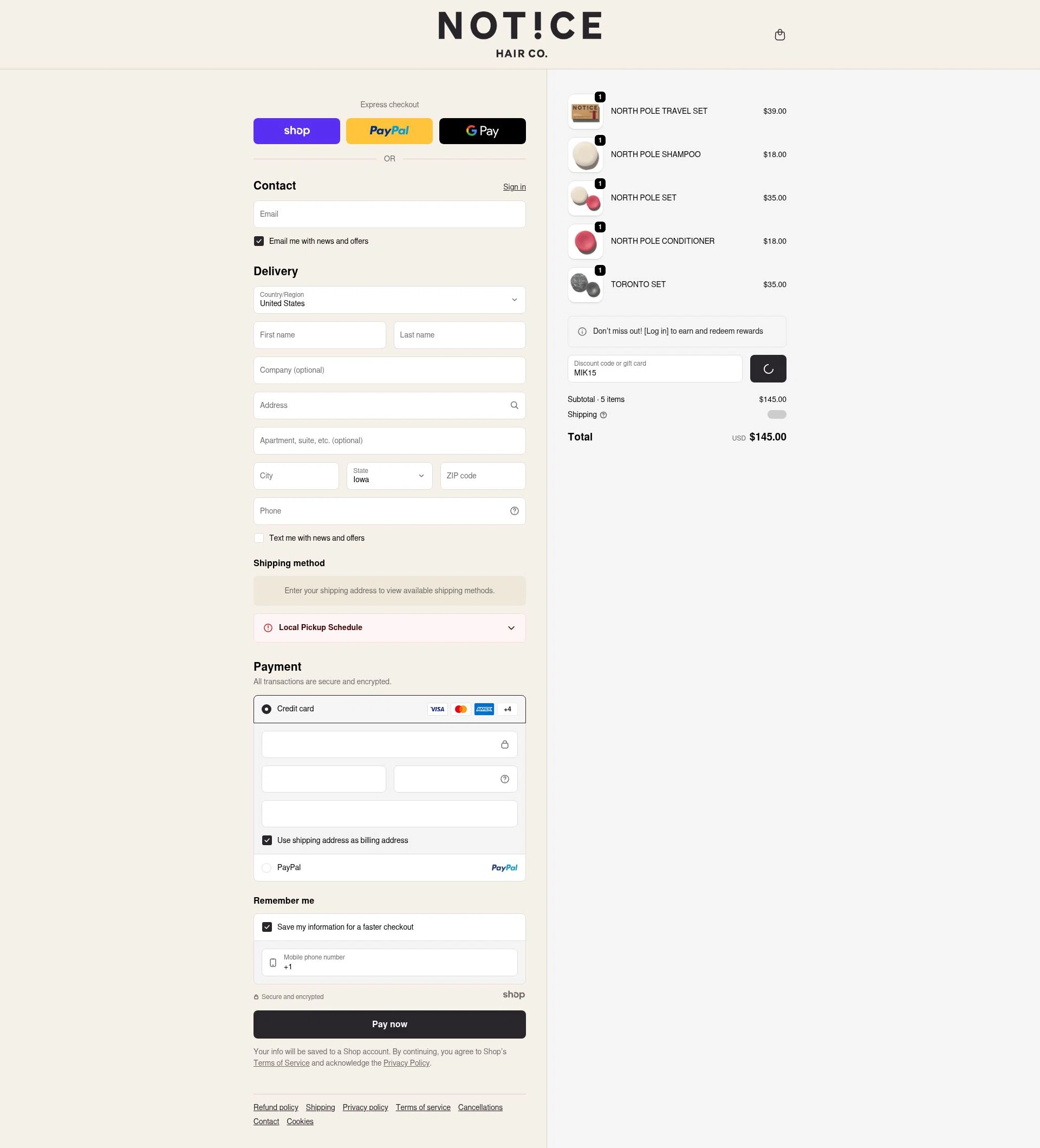 NOTICE Hair Co. checkout page showing NOTICE Hair Co. promo code box | Screenshot taken by SimplyCodes community member on Dec 17, 2025