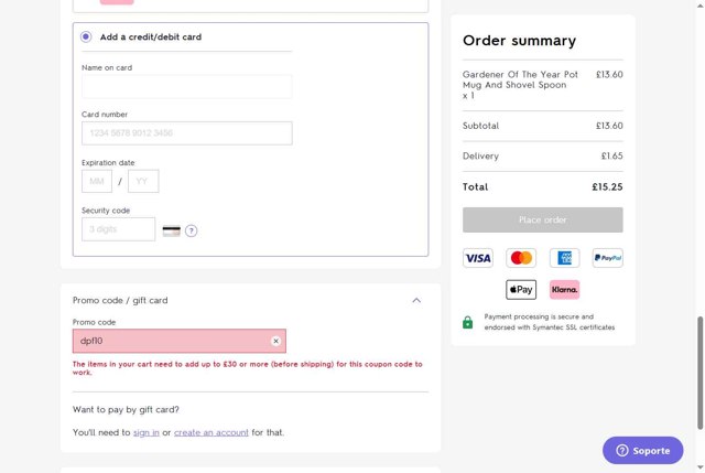 Not On The High Street checkout page showing Not On The High Street discount code box | Screenshot taken by SimplyCodes community member on May 9, 2025