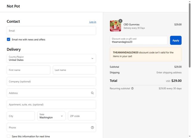 Not Pot checkout page showing Not Pot promo code box | Screenshot taken by SimplyCodes community member on Aug 24, 2025