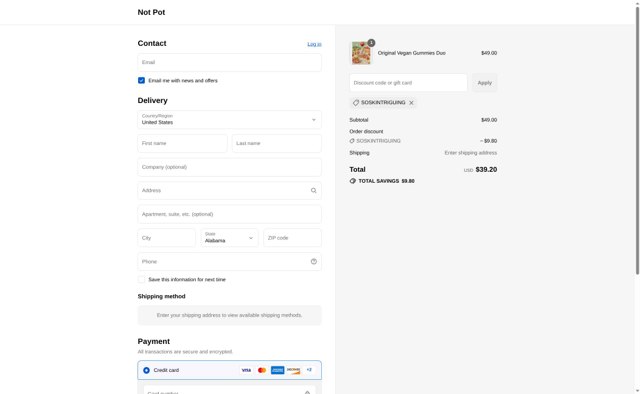 Not Pot checkout page showing Not Pot promo code box | Screenshot taken by SimplyCodes community member on Sep 3, 2025