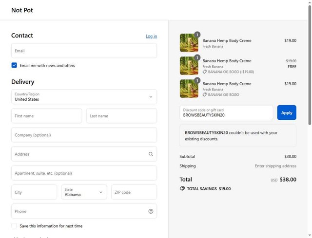 Not Pot checkout page showing Not Pot promo code box | Screenshot taken by SimplyCodes community member on Aug 24, 2025