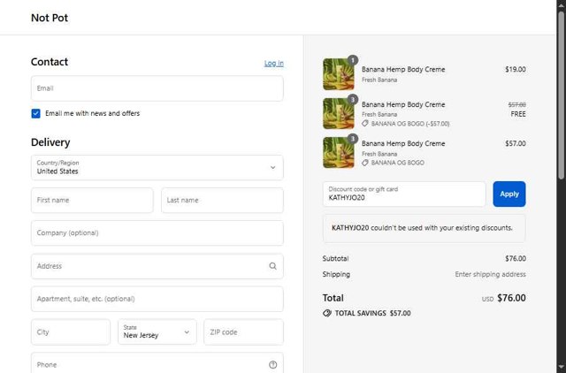 Not Pot checkout page showing Not Pot promo code box | Screenshot taken by SimplyCodes community member on Sep 5, 2025
