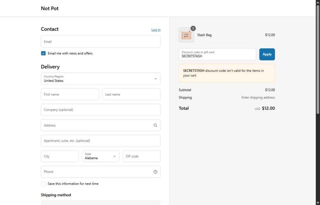 Not Pot checkout page showing Not Pot promo code box | Screenshot taken by SimplyCodes community member on Aug 11, 2025