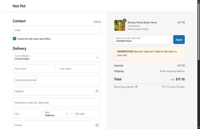 Not Pot checkout page showing Not Pot promo code box | Screenshot taken by SimplyCodes community member on Aug 12, 2025