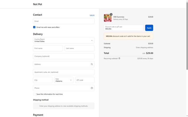 Not Pot checkout page showing Not Pot promo code box | Screenshot taken by SimplyCodes community member on Aug 21, 2025