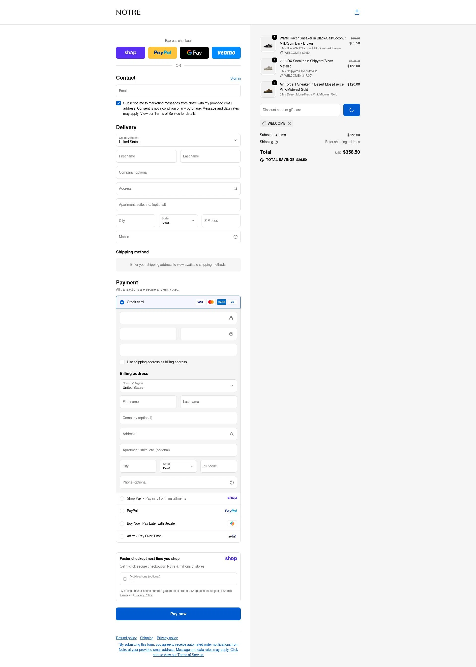 Notre checkout page showing Notre promo code box | Screenshot taken by SimplyCodes community member on Jan 20, 2026