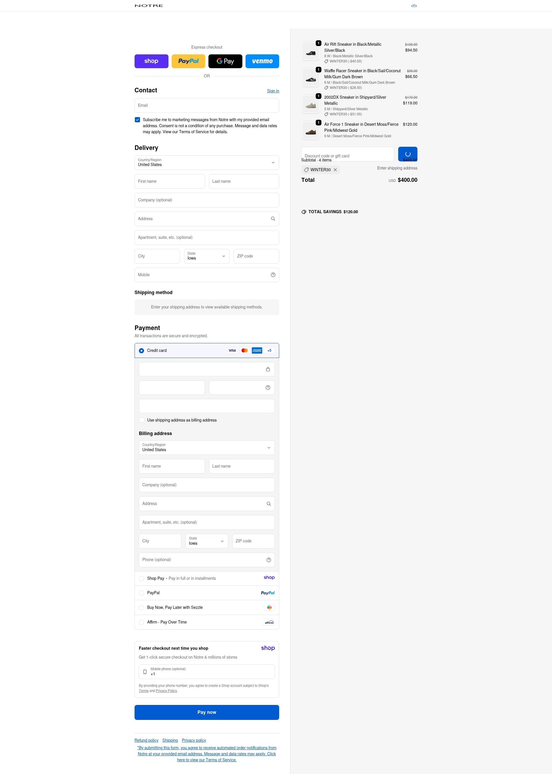 Notre checkout page showing Notre promo code box | Screenshot taken by SimplyCodes community member on Jan 15, 2026