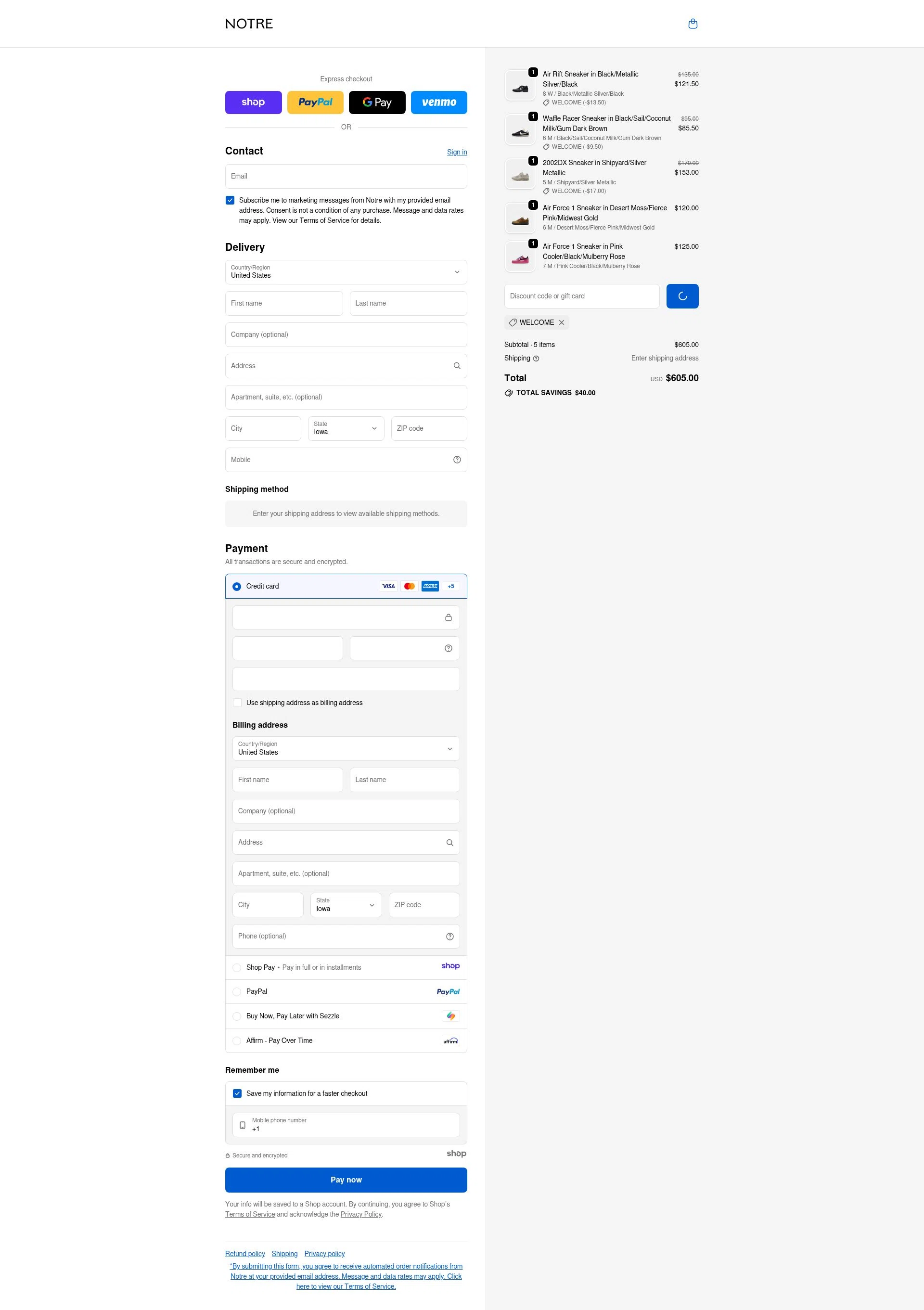 Notre checkout page showing Notre promo code box | Screenshot taken by SimplyCodes community member on Jan 5, 2026