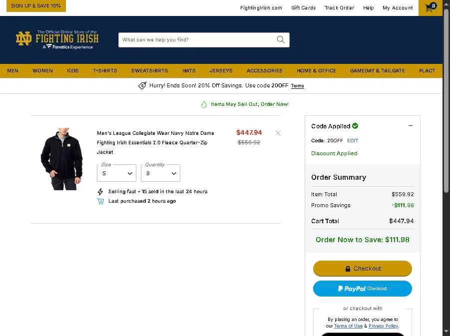 Notre Dame Online Store checkout page showing Notre Dame Online Store promo code box | Screenshot taken by SimplyCodes community member on Dec 31, 2025