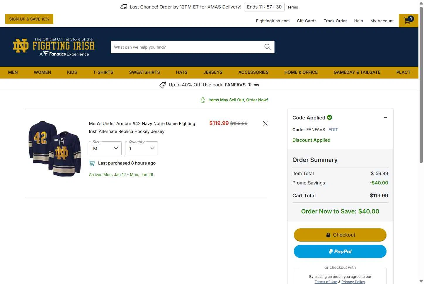 Notre Dame Online Store checkout page showing Notre Dame Online Store promo code box | Screenshot taken by SimplyCodes community member on Dec 22, 2025