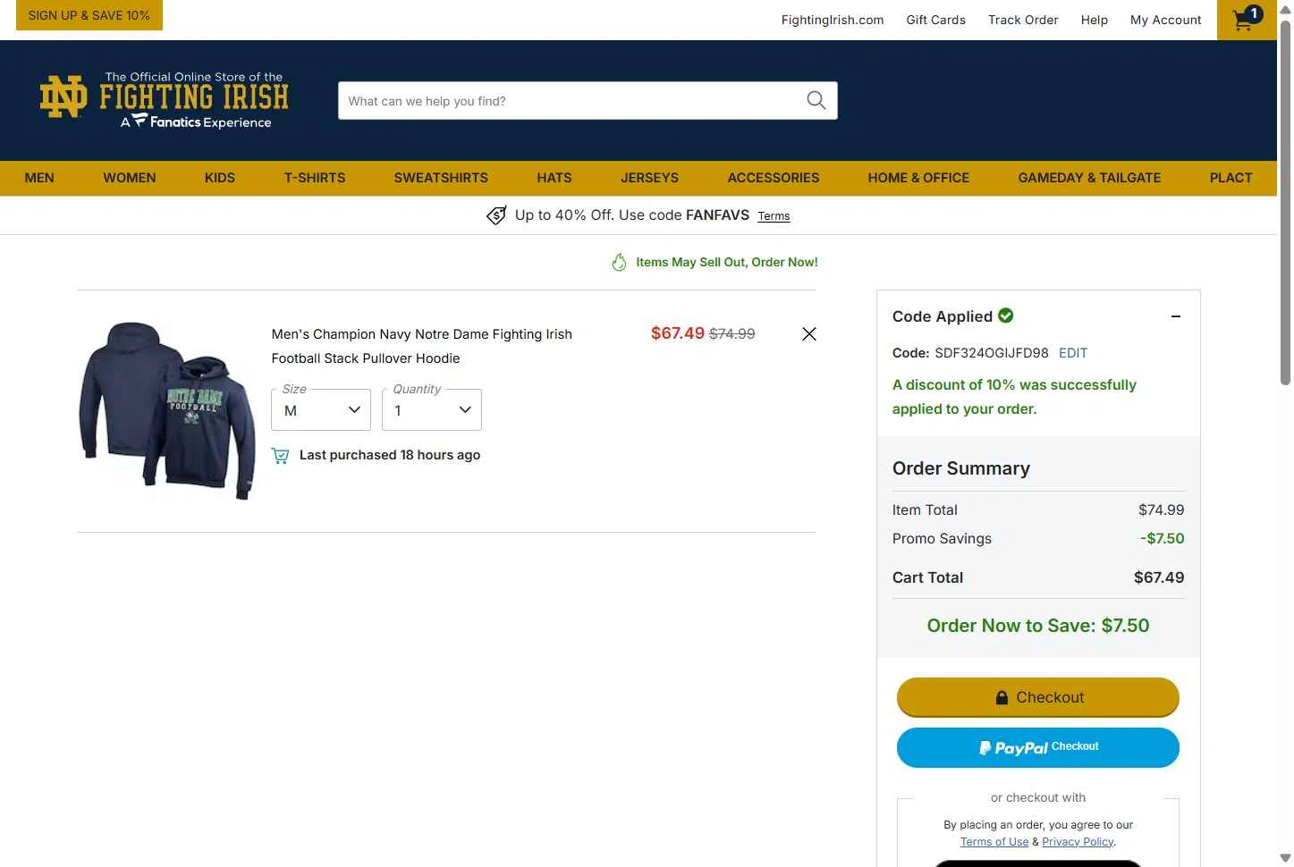 Notre Dame Online Store checkout page showing Notre Dame Online Store promo code box | Screenshot taken by SimplyCodes community member on Dec 29, 2025