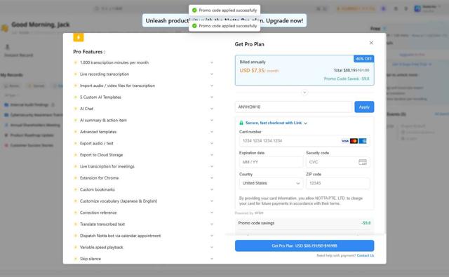 Notta US checkout page showing Notta US promo code box | Screenshot taken by SimplyCodes community member on Sep 3, 2025