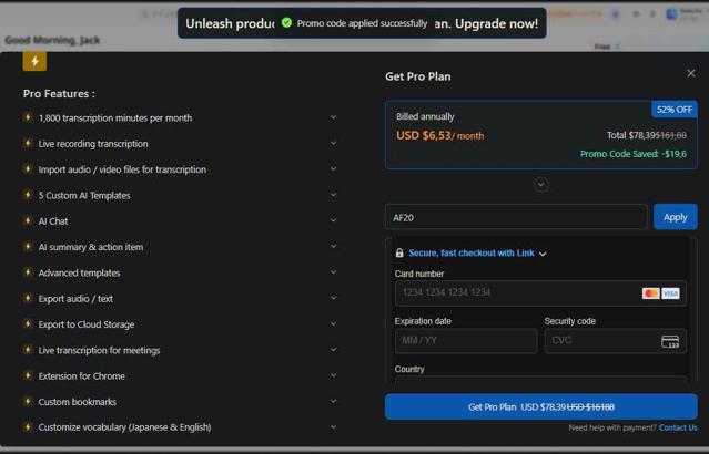 Notta US checkout page showing Notta US promo code box | Screenshot taken by SimplyCodes community member on Sep 3, 2025