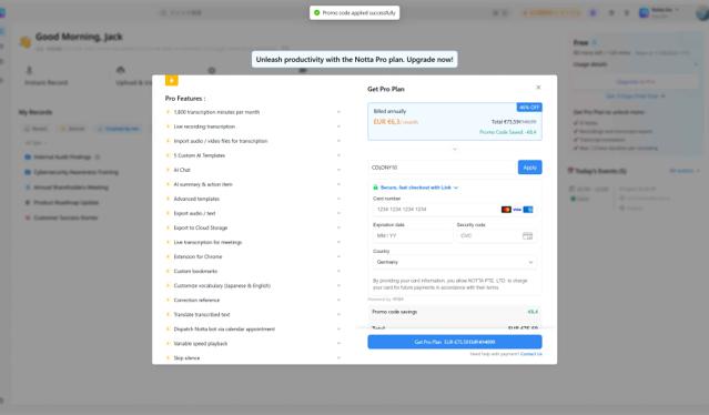 Notta US checkout page showing Notta US promo code box | Screenshot taken by SimplyCodes community member on Sep 7, 2025