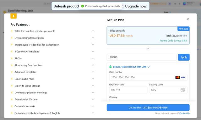 Notta US checkout page showing Notta US promo code box | Screenshot taken by SimplyCodes community member on Sep 3, 2025
