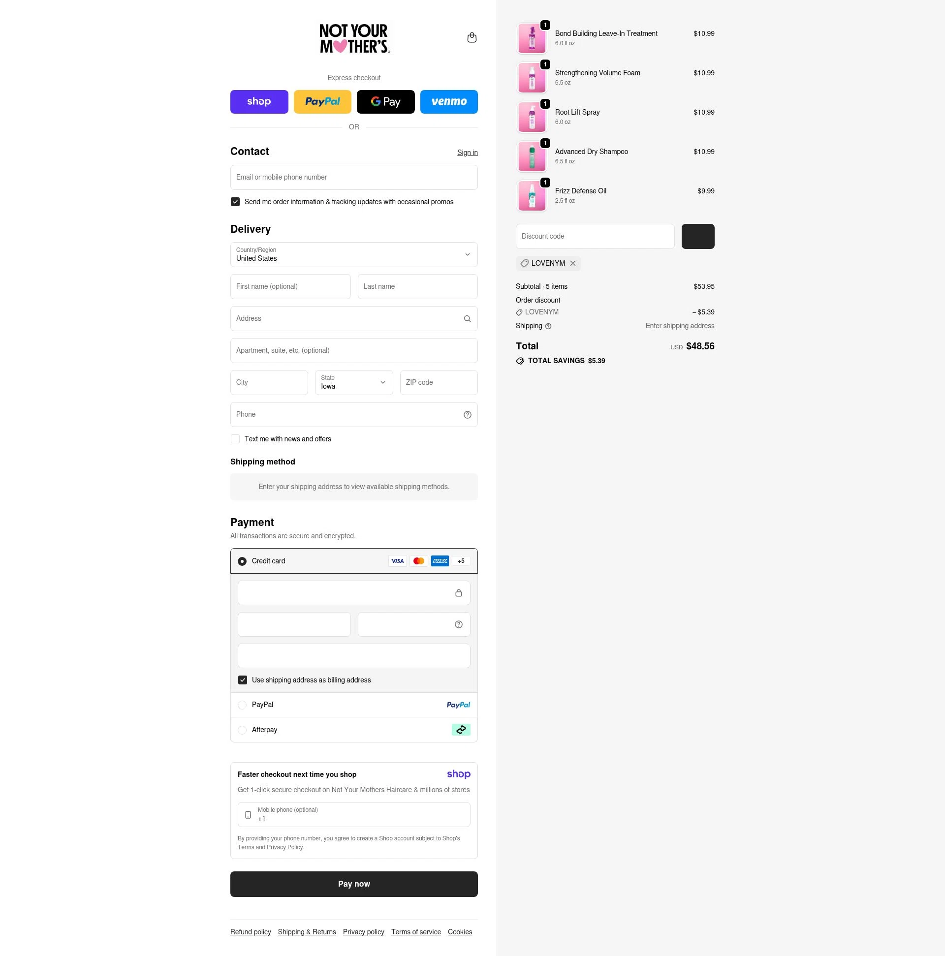 Not Your Mothers checkout page showing Not Your Mothers promo code box | Screenshot taken by SimplyCodes community member on Jan 16, 2026