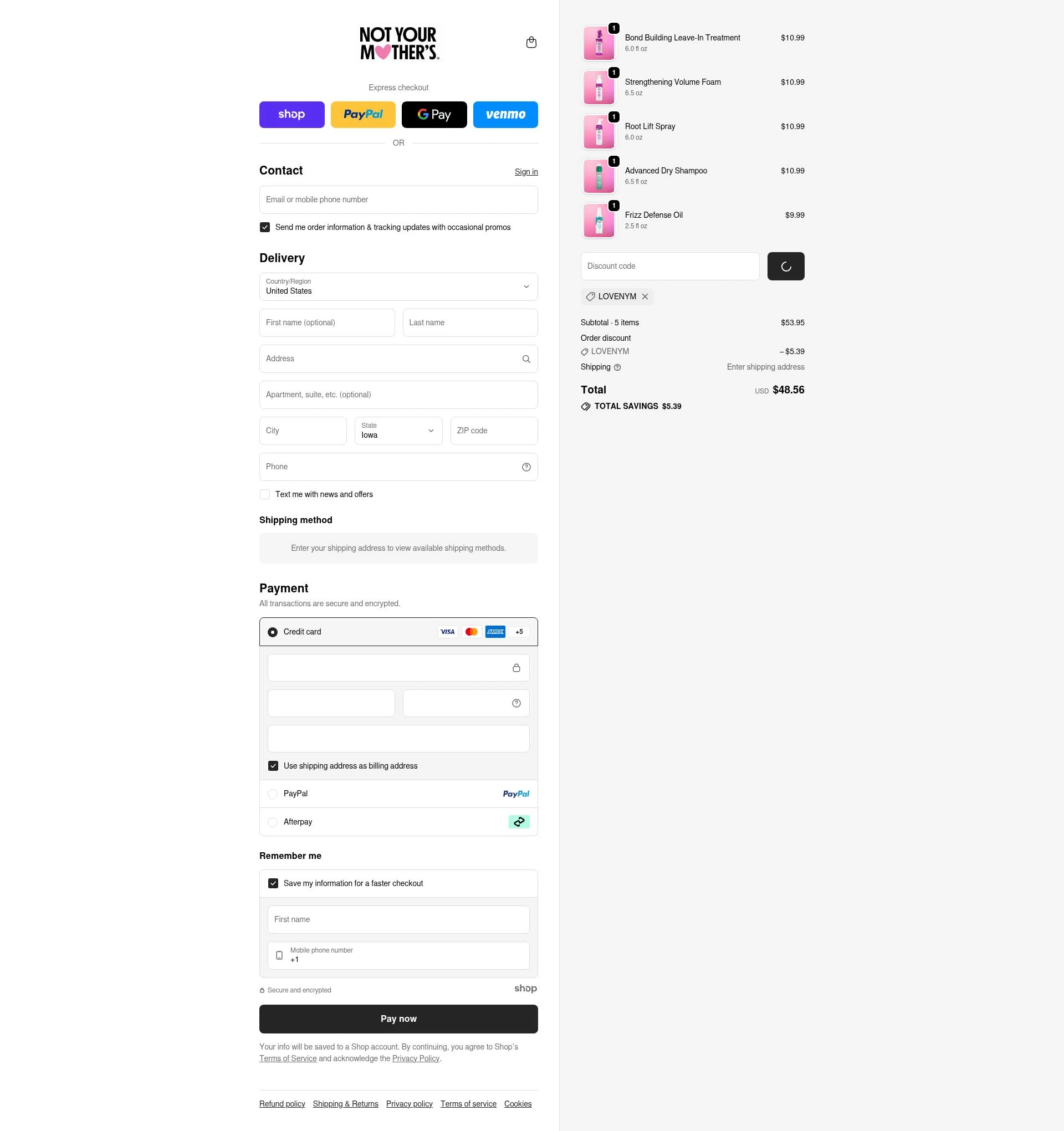 Not Your Mothers checkout page showing Not Your Mothers promo code box | Screenshot taken by SimplyCodes community member on Jan 11, 2026