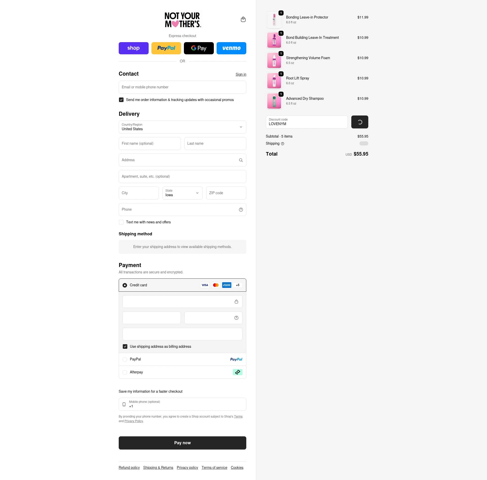 Not Your Mothers checkout page showing Not Your Mothers promo code box | Screenshot taken by SimplyCodes community member on Feb 12, 2026