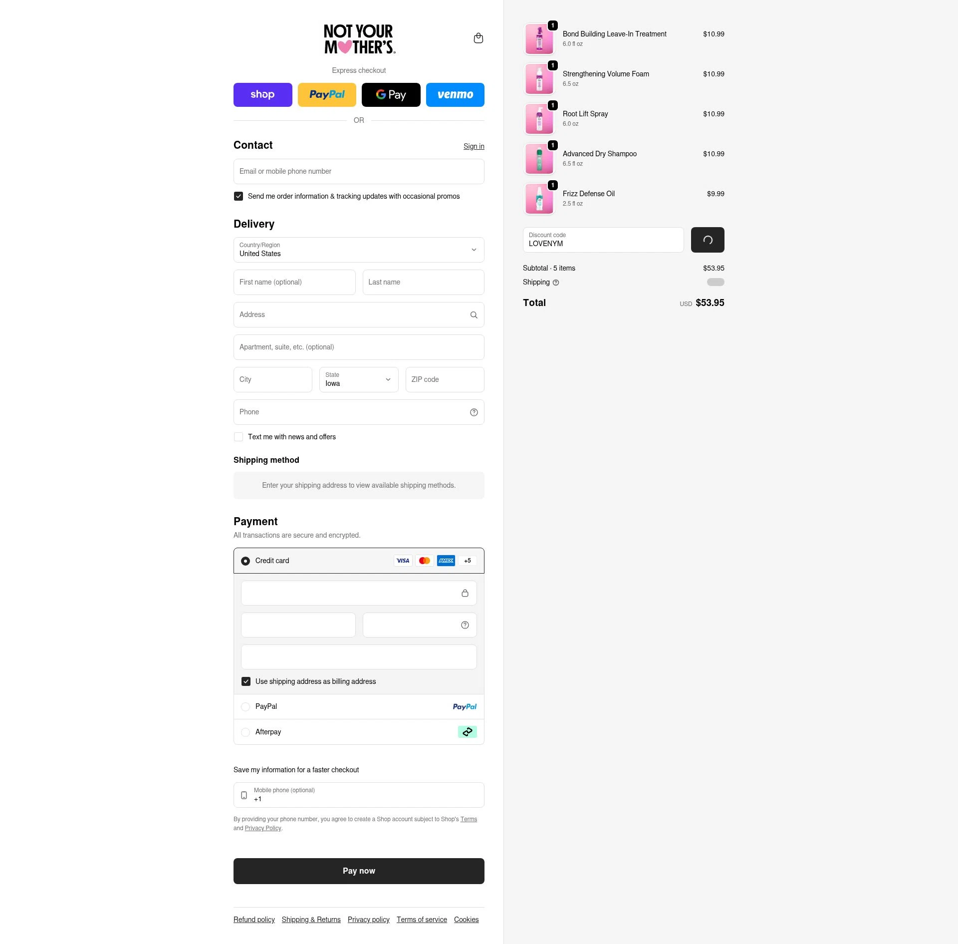 Not Your Mothers checkout page showing Not Your Mothers promo code box | Screenshot taken by SimplyCodes community member on Jan 30, 2026