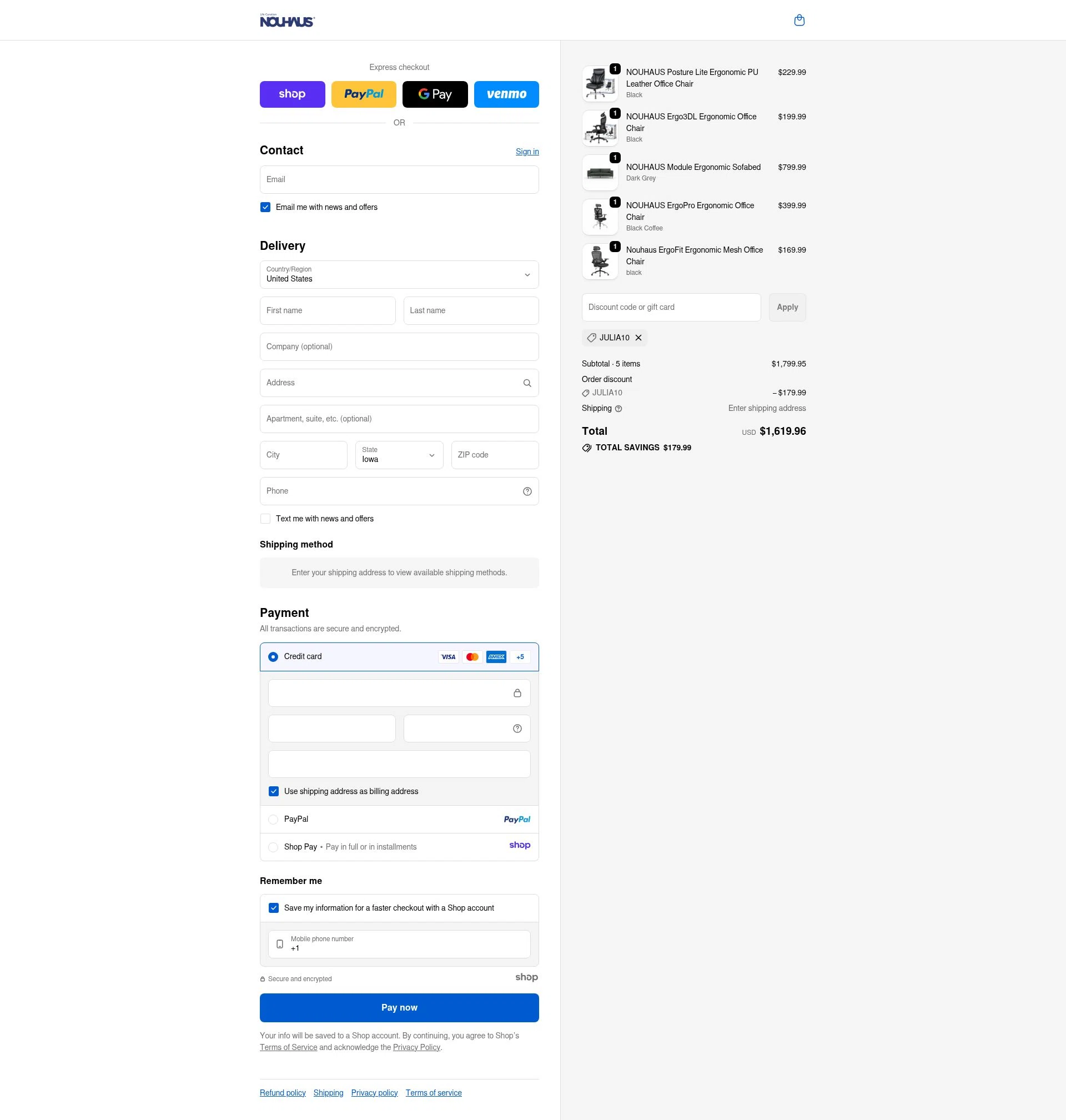 NOUHAUS checkout page showing NOUHAUS promo code box | Screenshot taken by SimplyCodes community member on Nov 17, 2025