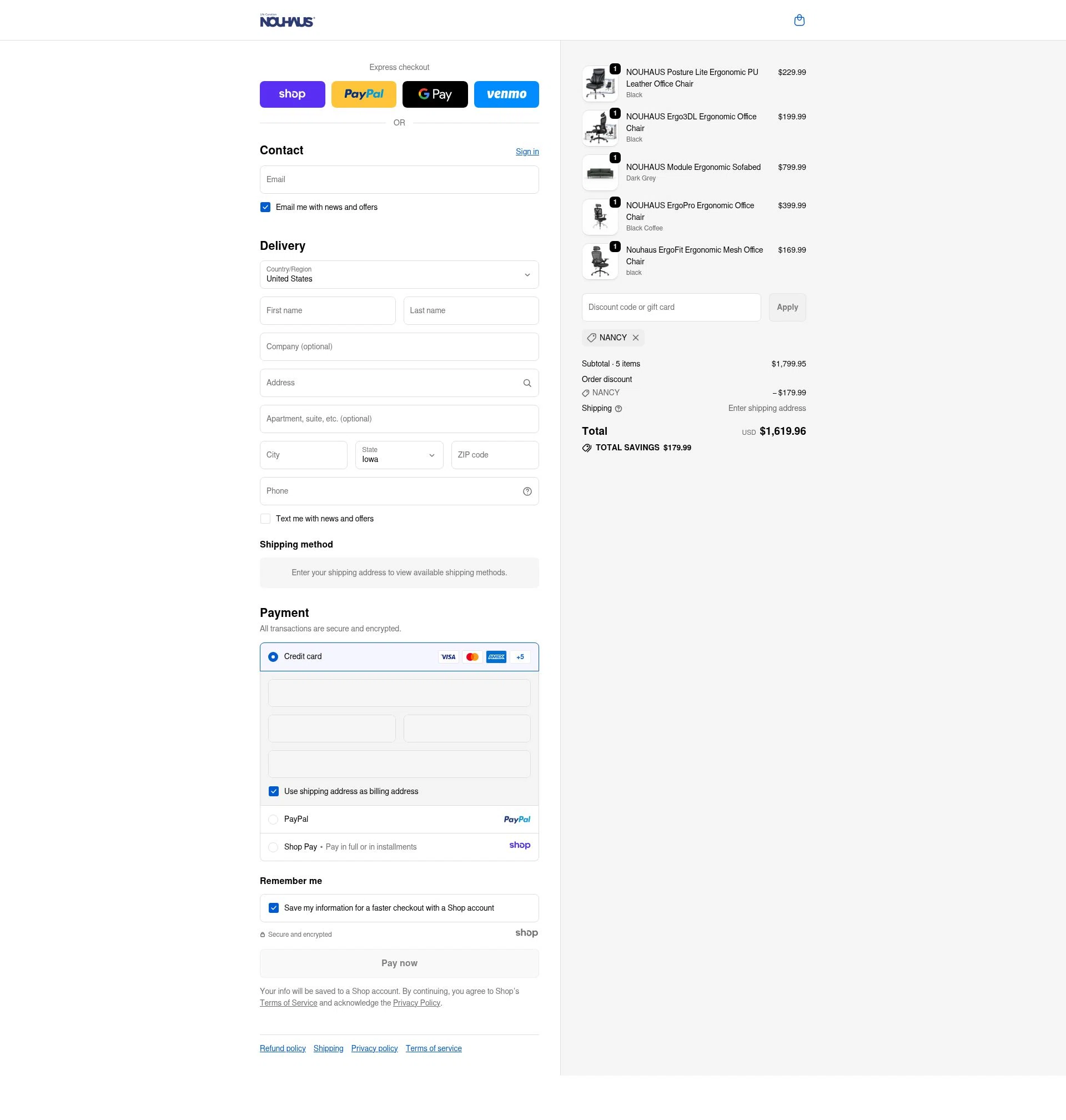 NOUHAUS checkout page showing NOUHAUS promo code box | Screenshot taken by SimplyCodes community member on Nov 17, 2025