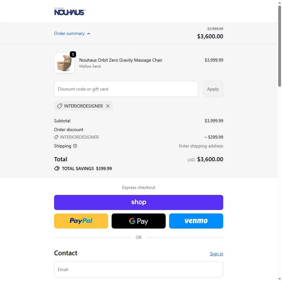 NOUHAUS checkout page showing NOUHAUS promo code box | Screenshot taken by SimplyCodes community member on Dec 15, 2025