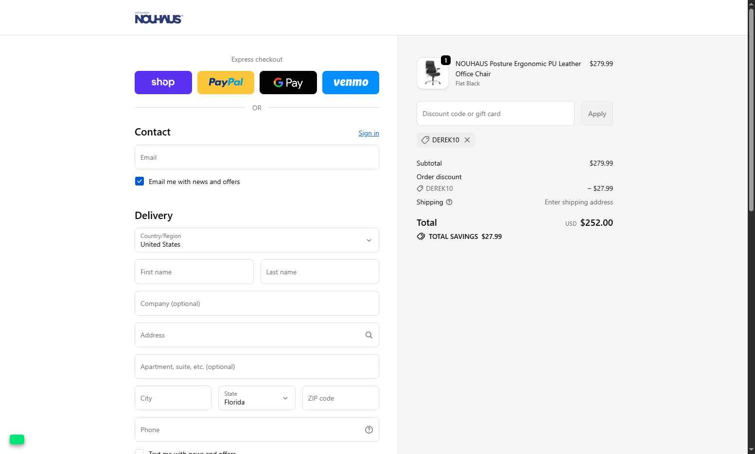 NOUHAUS checkout page showing NOUHAUS promo code box | Screenshot taken by SimplyCodes community member on Dec 15, 2025