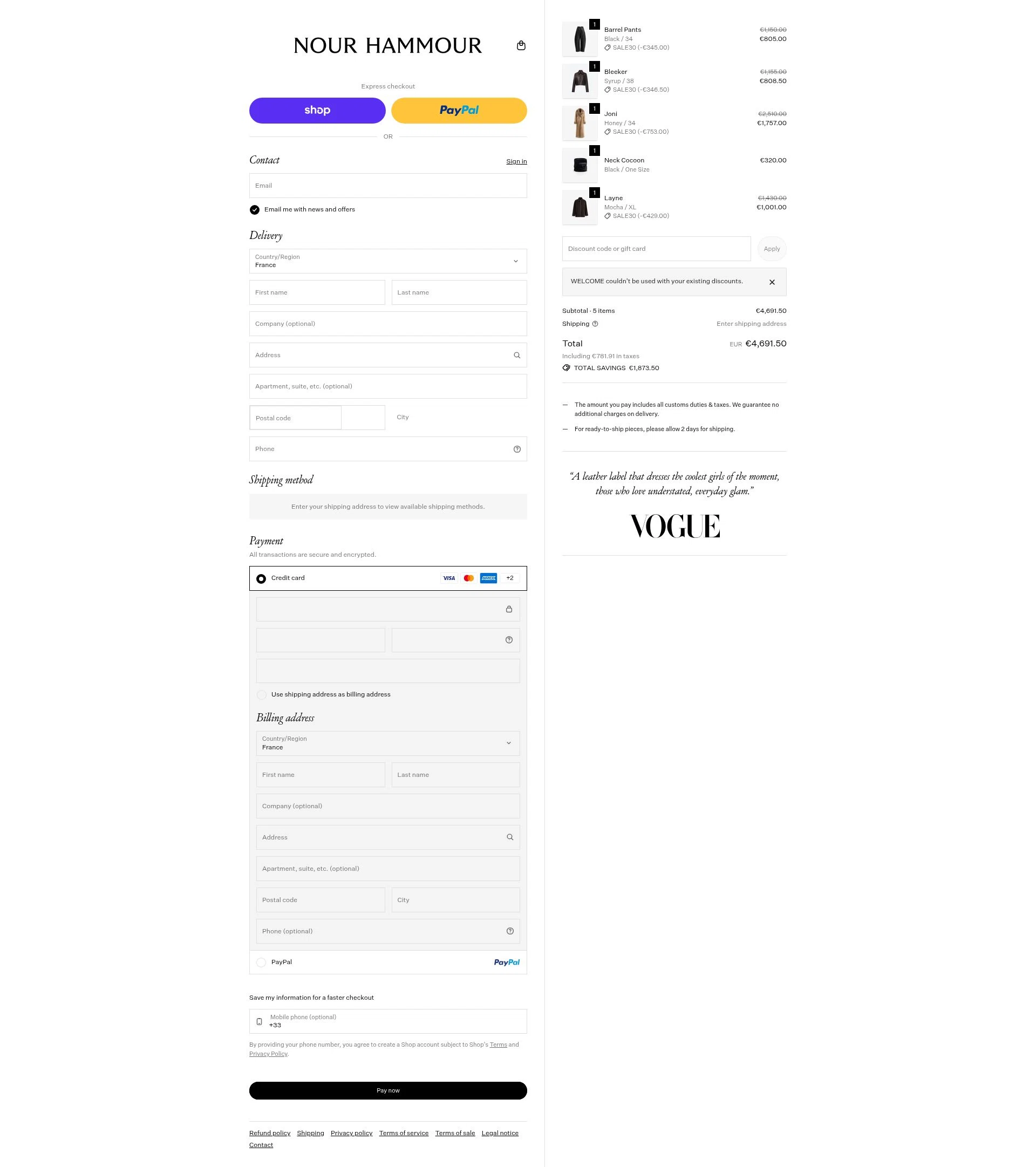 Nour Hammour checkout page showing Nour Hammour discount code box | Screenshot taken by SimplyCodes community member on Feb 18, 2026