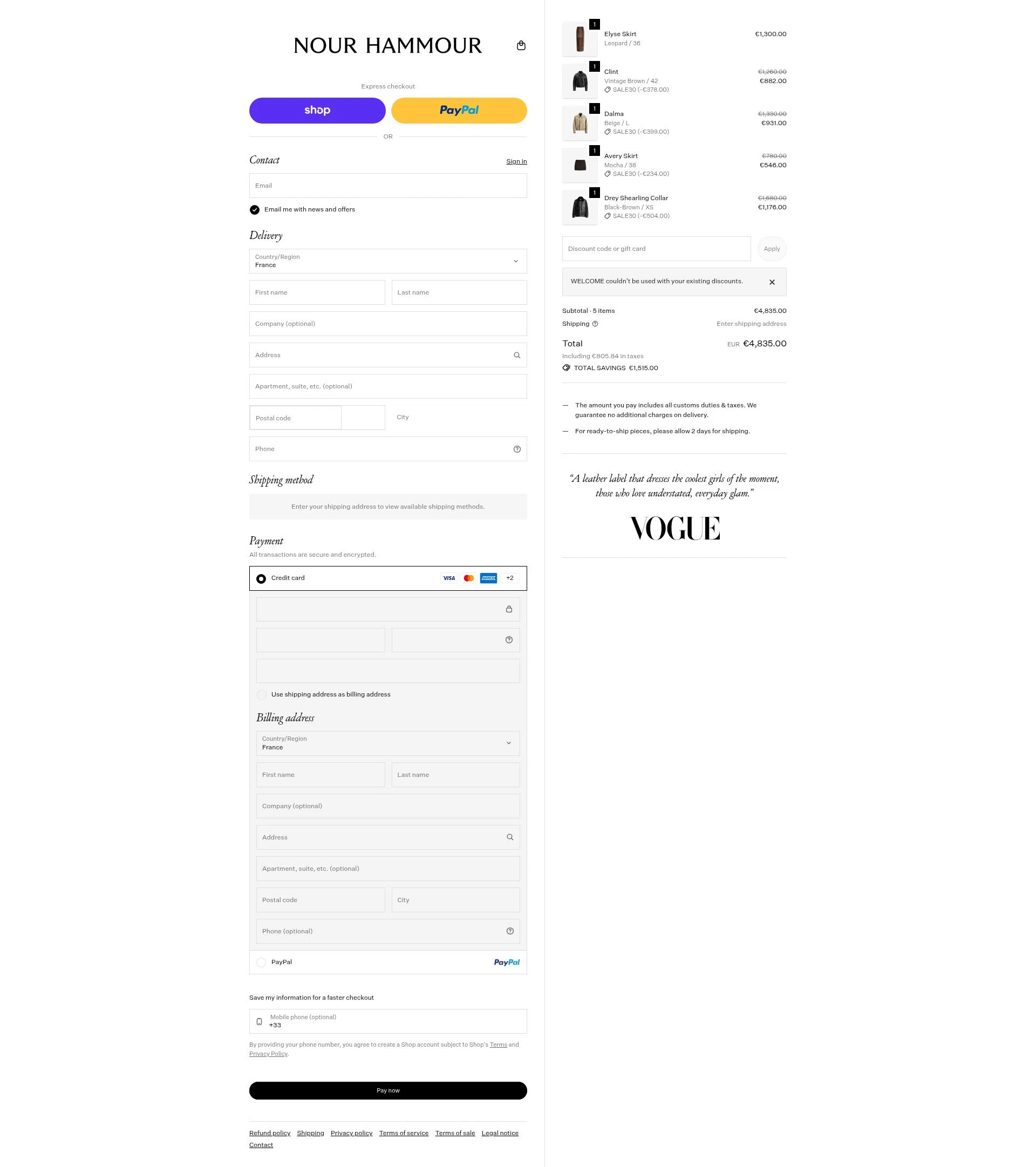 Nour Hammour checkout page showing Nour Hammour discount code box | Screenshot taken by SimplyCodes community member on Feb 9, 2026