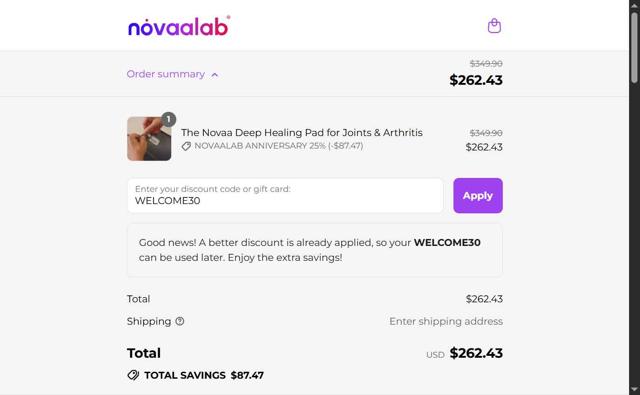 Novaa Lab checkout page showing Novaa Lab discount code box | Screenshot taken by SimplyCodes community member on Aug 27, 2025