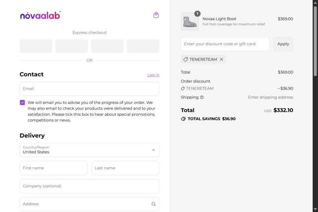 Novaa Lab checkout page showing Novaa Lab discount code box | Screenshot taken by SimplyCodes community member on Sep 3, 2025