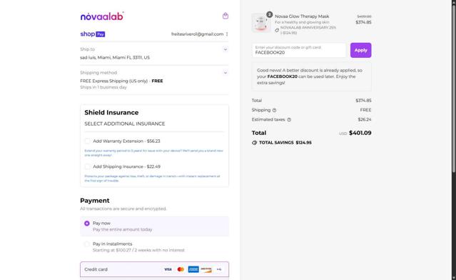 Novaa Lab checkout page showing Novaa Lab discount code box | Screenshot taken by SimplyCodes community member on Aug 27, 2025