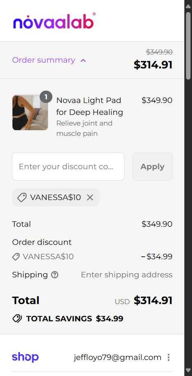 Novaa Lab checkout page showing Novaa Lab discount code box | Screenshot taken by SimplyCodes community member on Sep 3, 2025