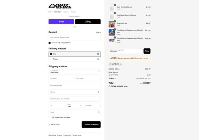 Nova Color Artists' Acrylic Paint checkout page showing Nova Color Artists' Acrylic Paint promo code box | Screenshot taken by SimplyCodes community member on Sep 10, 2025