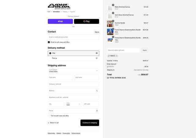 Nova Color Artists' Acrylic Paint checkout page showing Nova Color Artists' Acrylic Paint promo code box | Screenshot taken by SimplyCodes community member on Sep 14, 2025