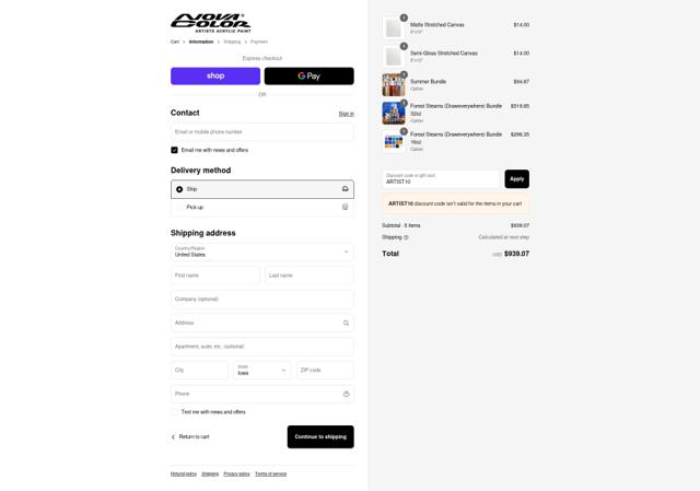 Nova Color Artists' Acrylic Paint checkout page showing Nova Color Artists' Acrylic Paint promo code box | Screenshot taken by SimplyCodes community member on Sep 14, 2025