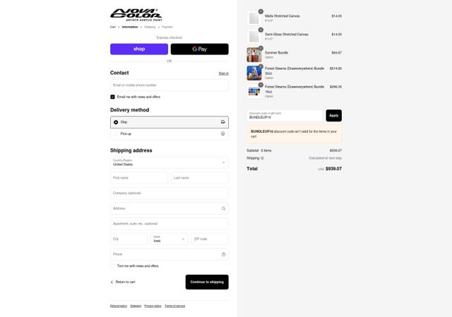 Nova Color Artists' Acrylic Paint checkout page showing Nova Color Artists' Acrylic Paint promo code box | Screenshot taken by SimplyCodes community member on Sep 10, 2025
