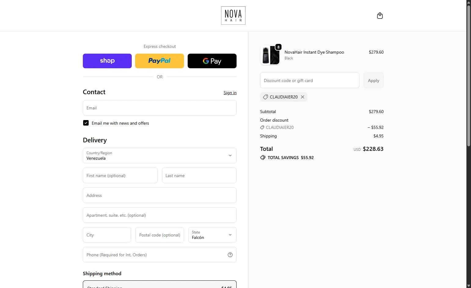 NovaHair checkout page showing NovaHair discount code box | Screenshot taken by SimplyCodes community member on Feb 9, 2026