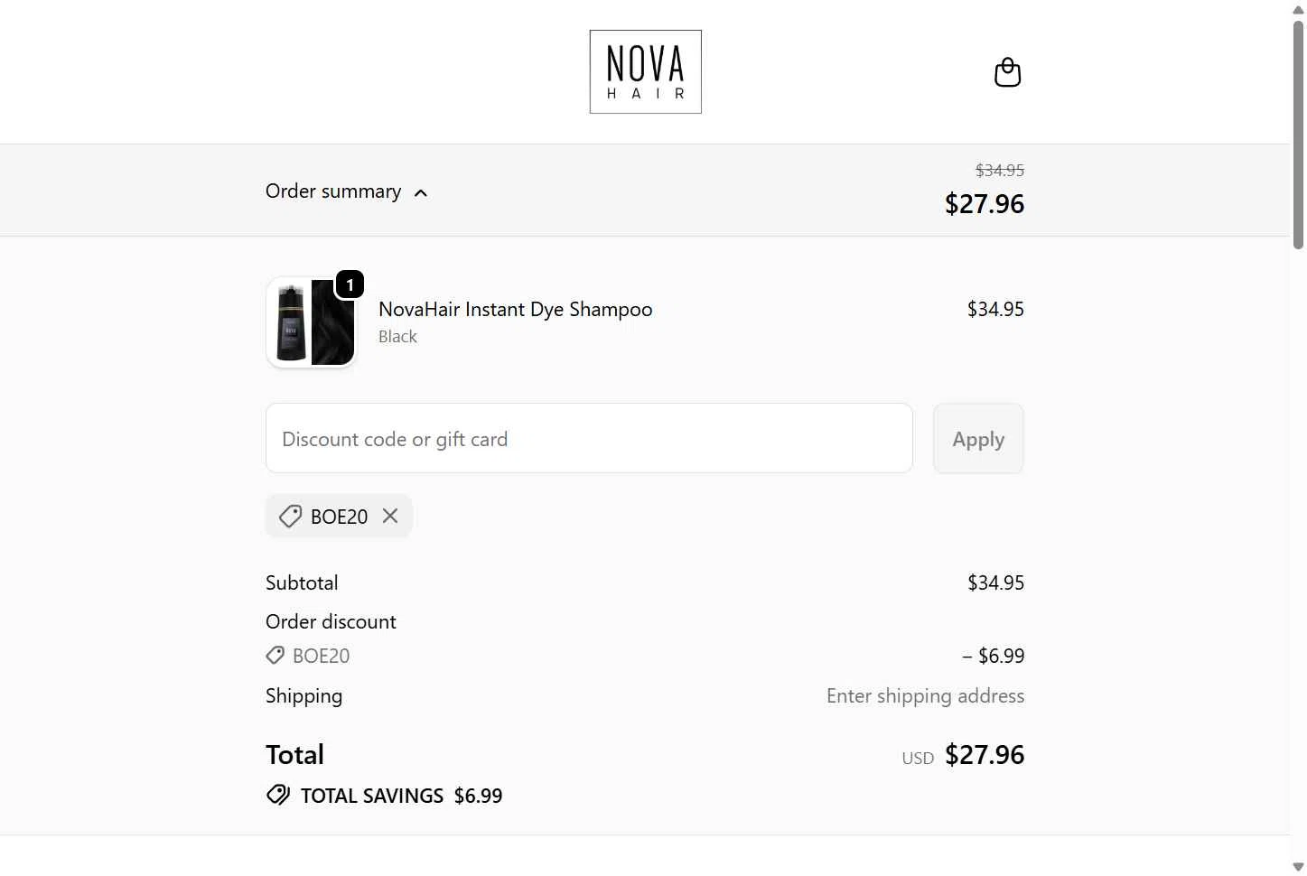NovaHair checkout page showing NovaHair discount code box | Screenshot taken by SimplyCodes community member on Feb 9, 2026