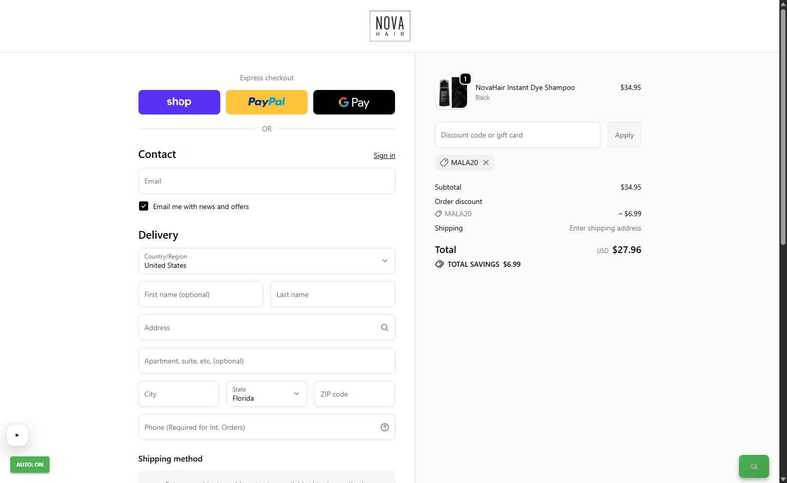NovaHair checkout page showing NovaHair discount code box | Screenshot taken by SimplyCodes community member on Feb 9, 2026