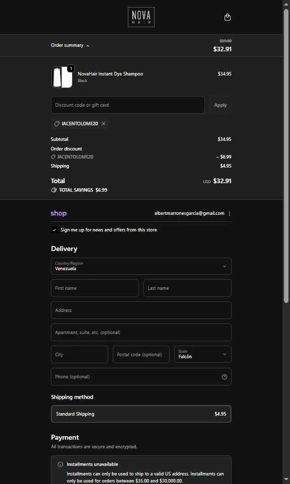 NovaHair checkout page showing NovaHair discount code box | Screenshot taken by SimplyCodes community member on Feb 9, 2026