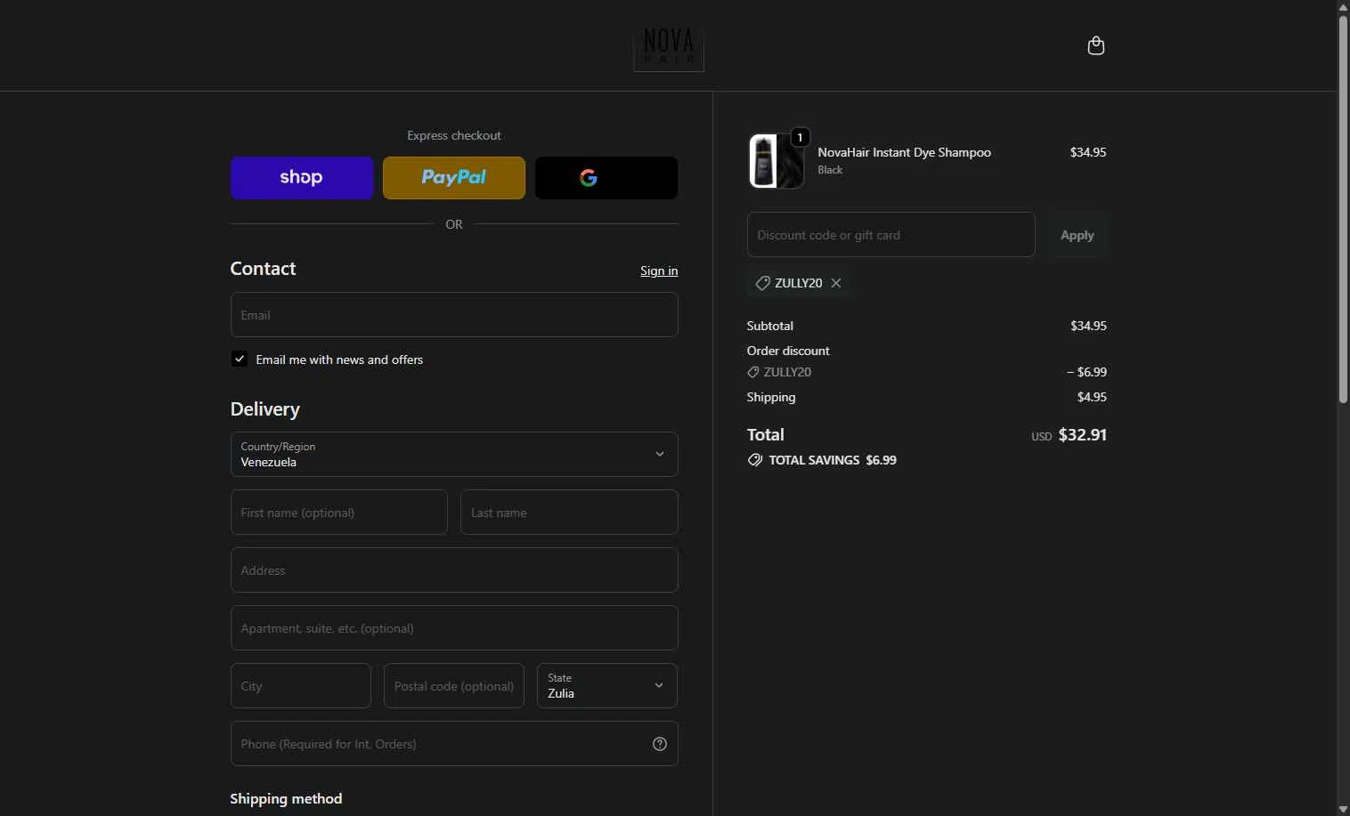 NovaHair checkout page showing NovaHair discount code box | Screenshot taken by SimplyCodes community member on Feb 9, 2026
