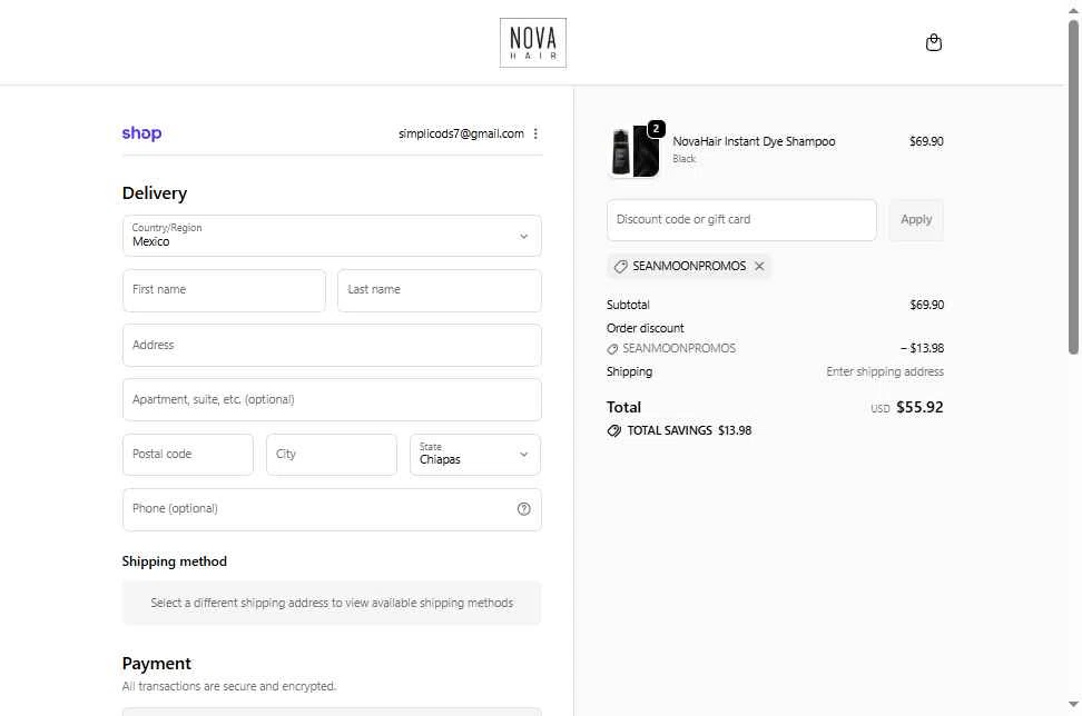 NovaHair checkout page showing NovaHair discount code box | Screenshot taken by SimplyCodes community member on Feb 9, 2026