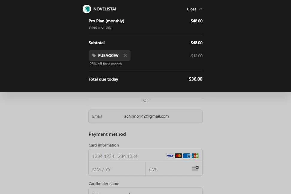 NovelistAI checkout page showing NovelistAI promo code box | Screenshot taken by SimplyCodes community member on Jul 11, 2025