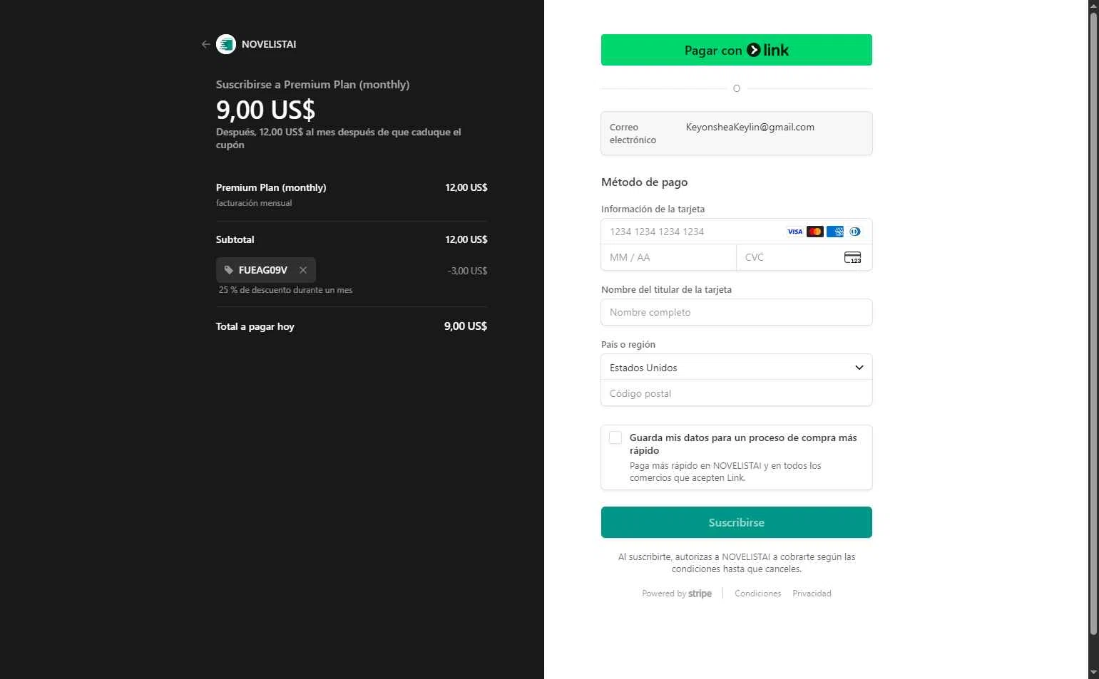 NovelistAI checkout page showing NovelistAI promo code box | Screenshot taken by SimplyCodes community member on Aug 9, 2025