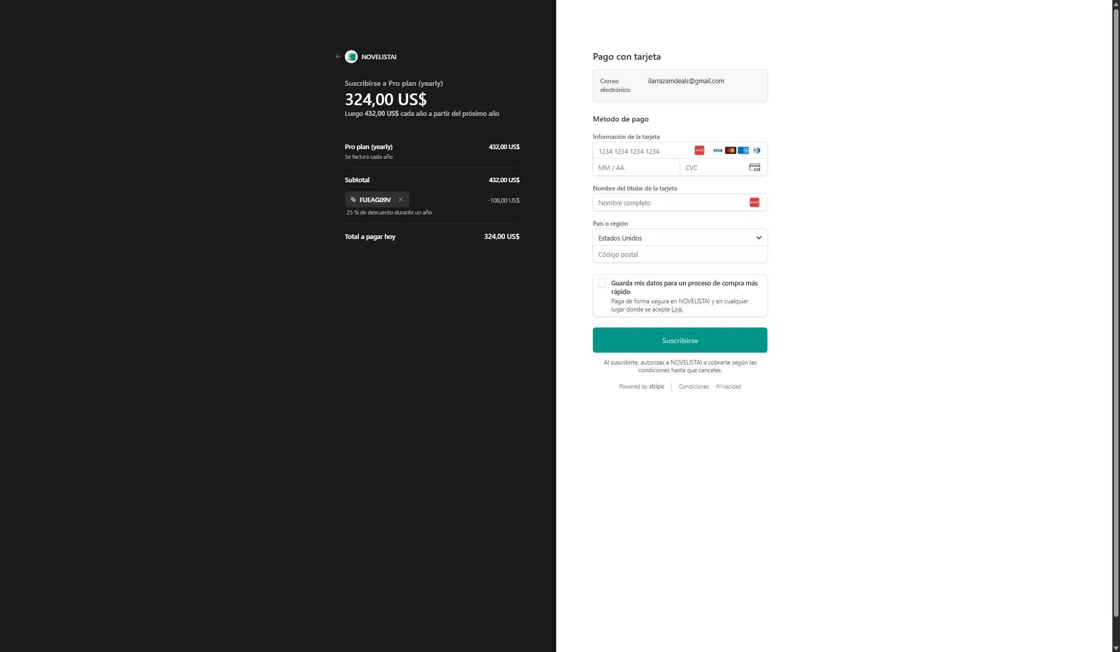 NovelistAI checkout page showing NovelistAI promo code box | Screenshot taken by SimplyCodes community member on Jan 1, 2026