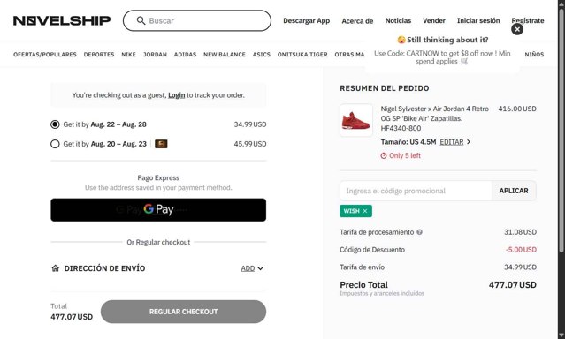 Novelship checkout page showing Novelship promo code box | Screenshot taken by SimplyCodes community member on Aug 16, 2025