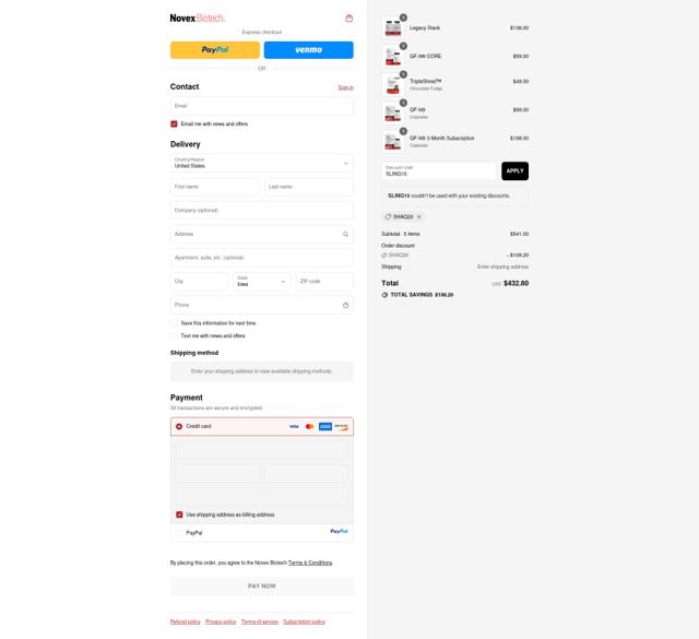 Novex Biotech checkout page showing Novex Biotech discount code box | Screenshot taken by SimplyCodes community member on Sep 10, 2025