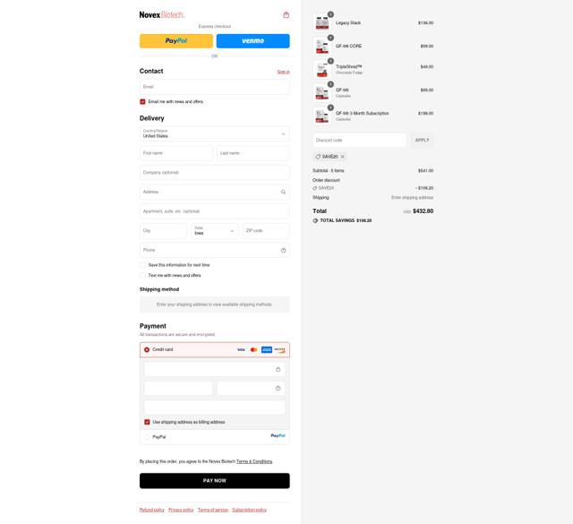 Novex Biotech checkout page showing Novex Biotech discount code box | Screenshot taken by SimplyCodes community member on Sep 10, 2025