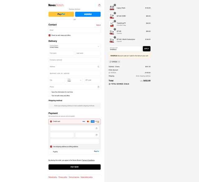 Novex Biotech checkout page showing Novex Biotech discount code box | Screenshot taken by SimplyCodes community member on Sep 10, 2025